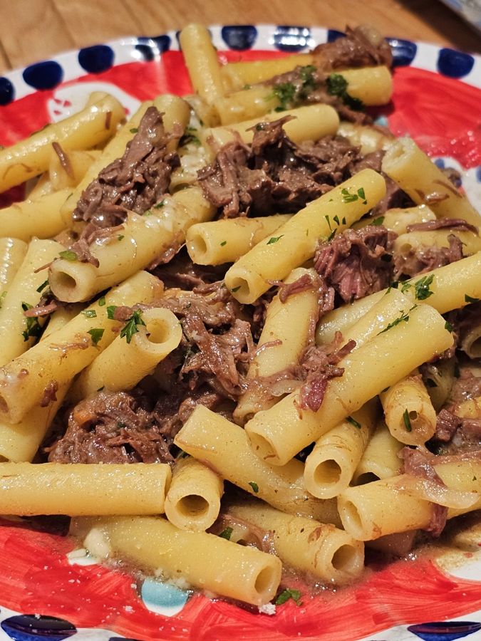 Ziti com ragu de carne desfiada e cebolas em prato vermelho