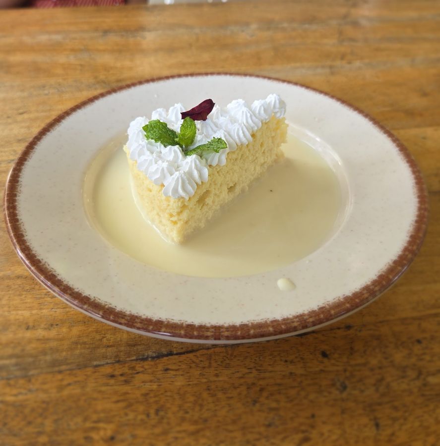Fatia de bolo de três leites com chantilly e hortelã